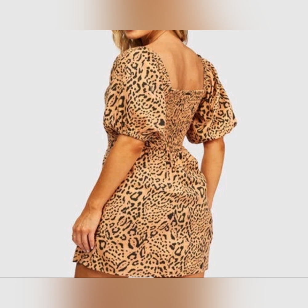 Billabong Women's Paradise Leopard Print Puff Sleeve Mini Dress Brown Size Med - Picture 2 of 16
